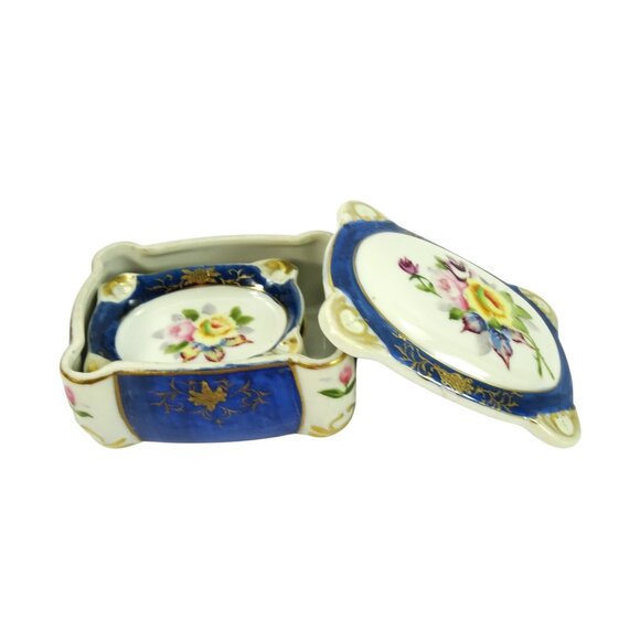 Vintage Made in Occupied Japan Porcelain Trinket Cigarette Box w 2 Ashtrays Blue - Picture 2 of 15